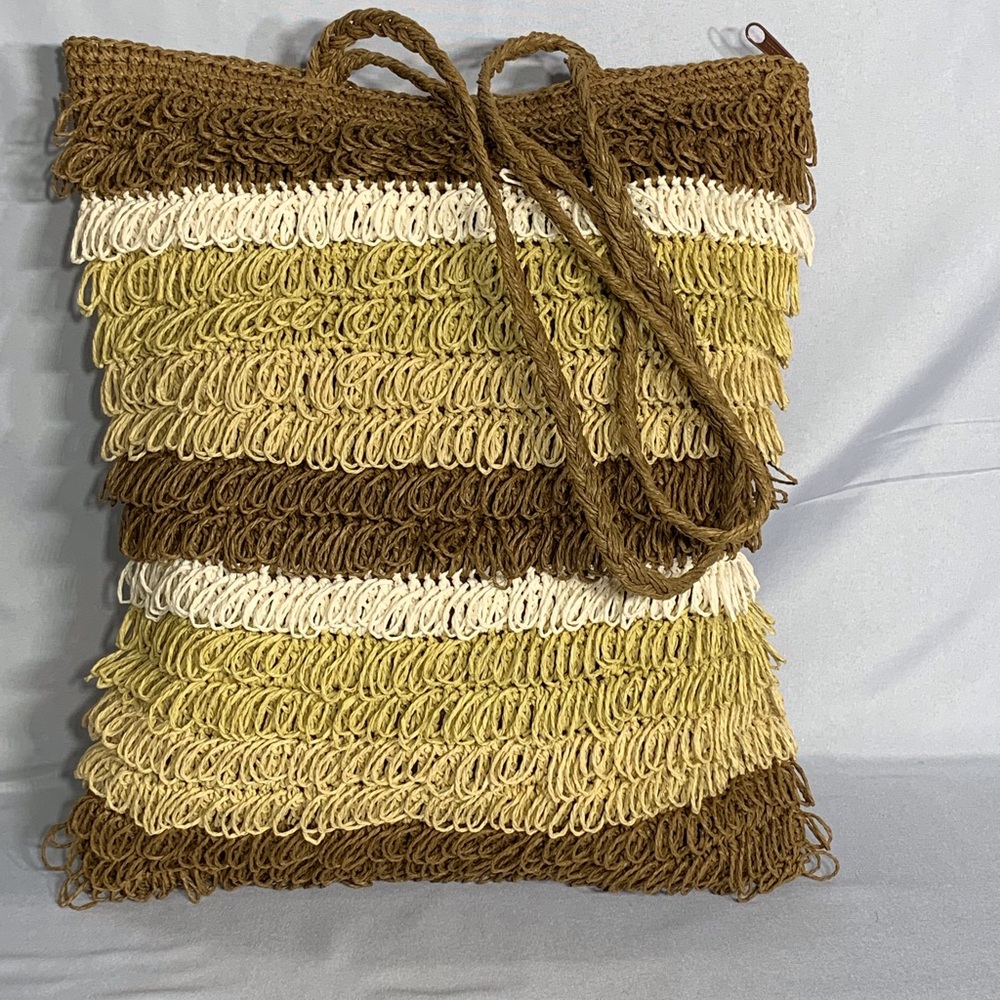 New CE47 Woven bag handbag purse loop brown white tan
